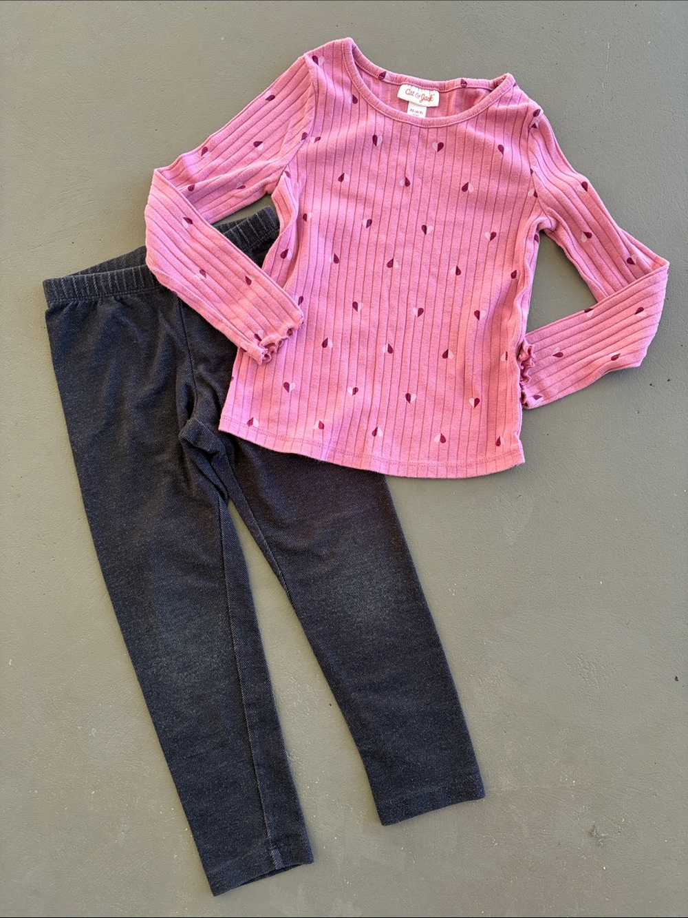 Cat & Jack Pink Ribbed Heart Top with Denim Leggings Outfit Size XS